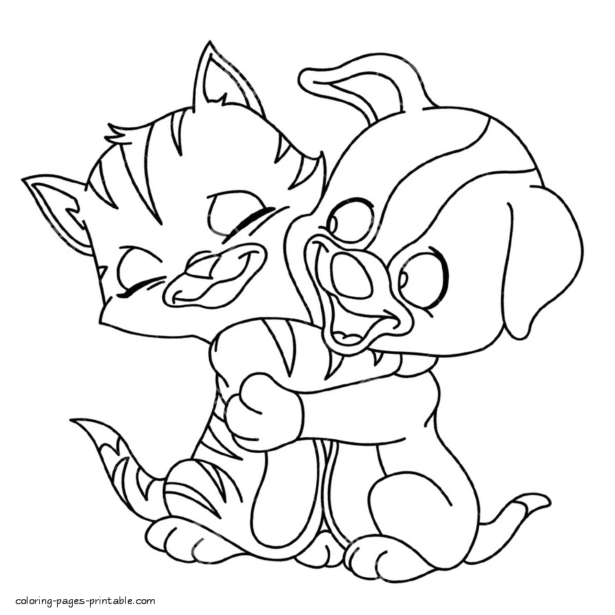 Pet coloring pages. Puppy with kitten
