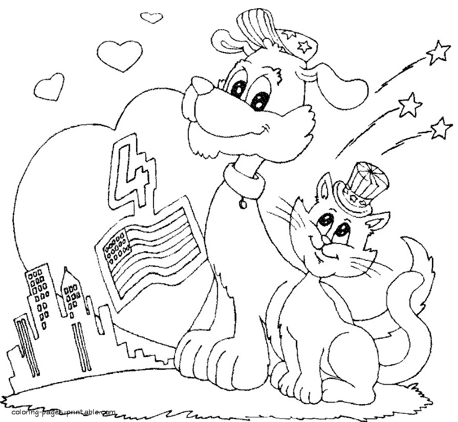 Independence day coloring page with the dog and the cat to print