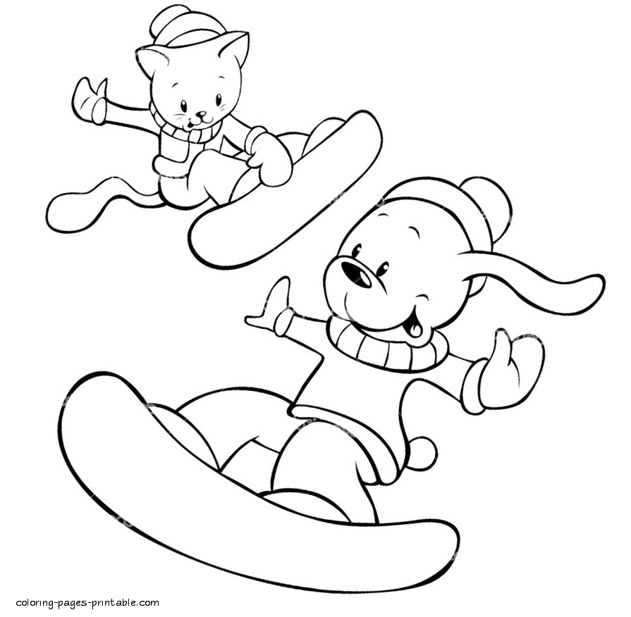 Cat and dog are snowboarders. Coloring page