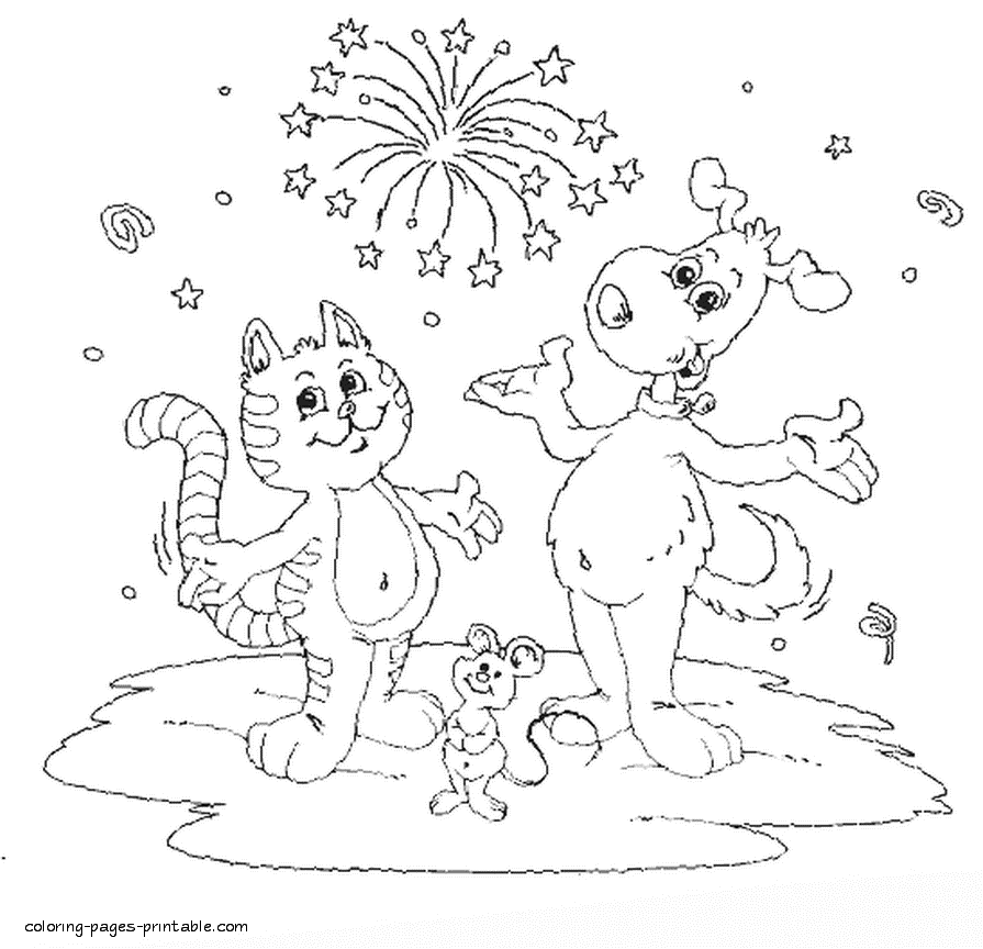 Cat, dog and mouse coloring pages for kids