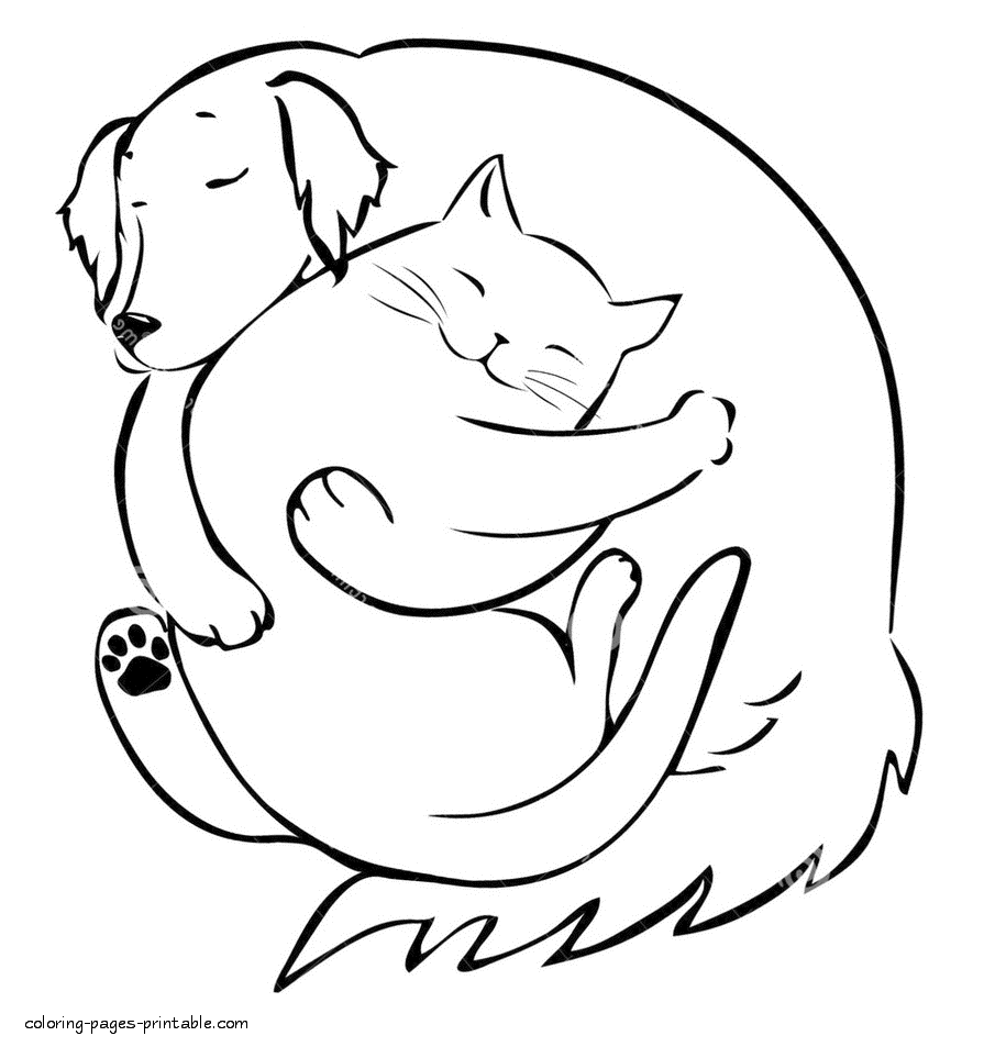 Dog and cat sleeping together coloring pages for free