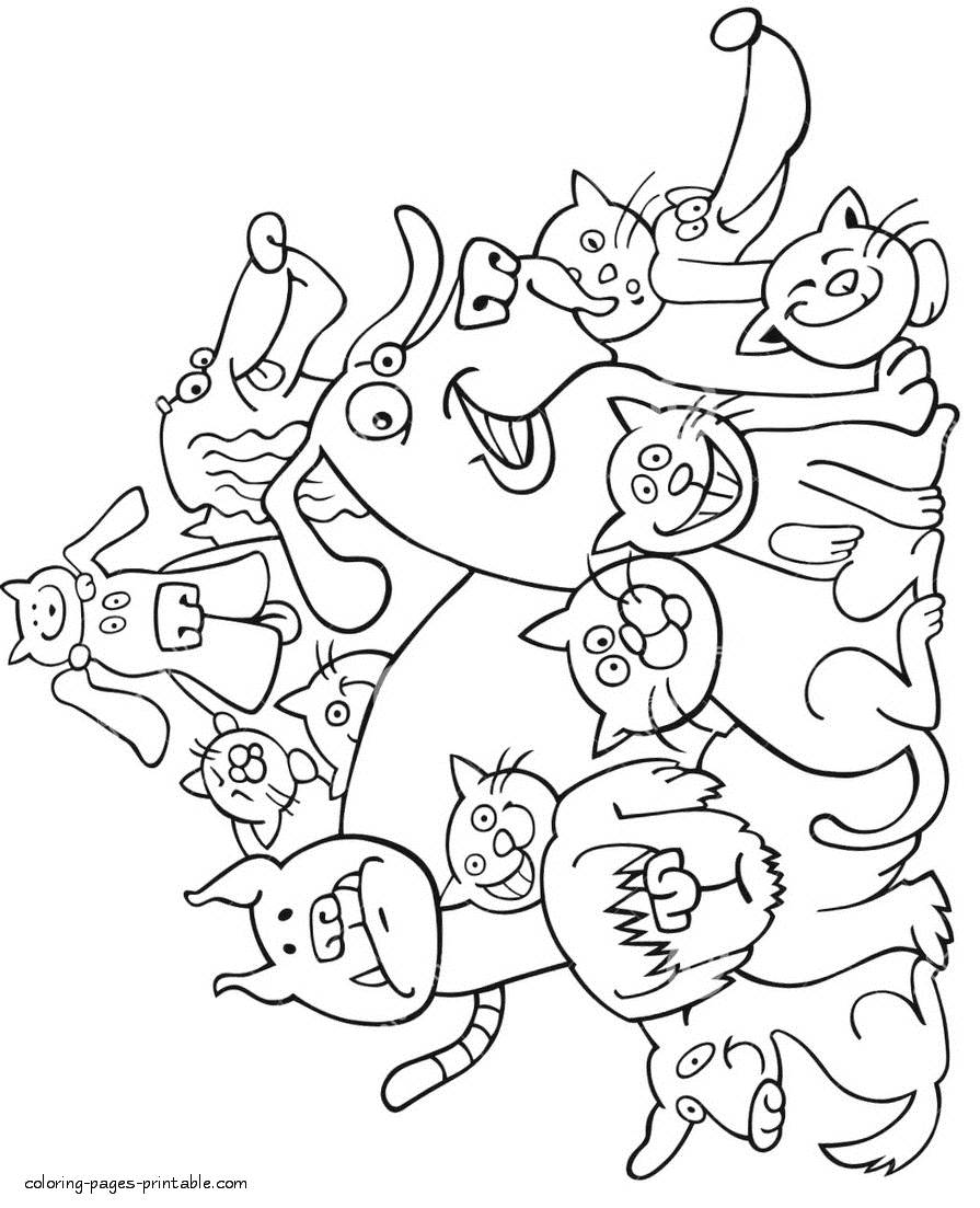 Cats and dogs together. Coloring pages || COLORING-PAGES-PRINTABLE.COM