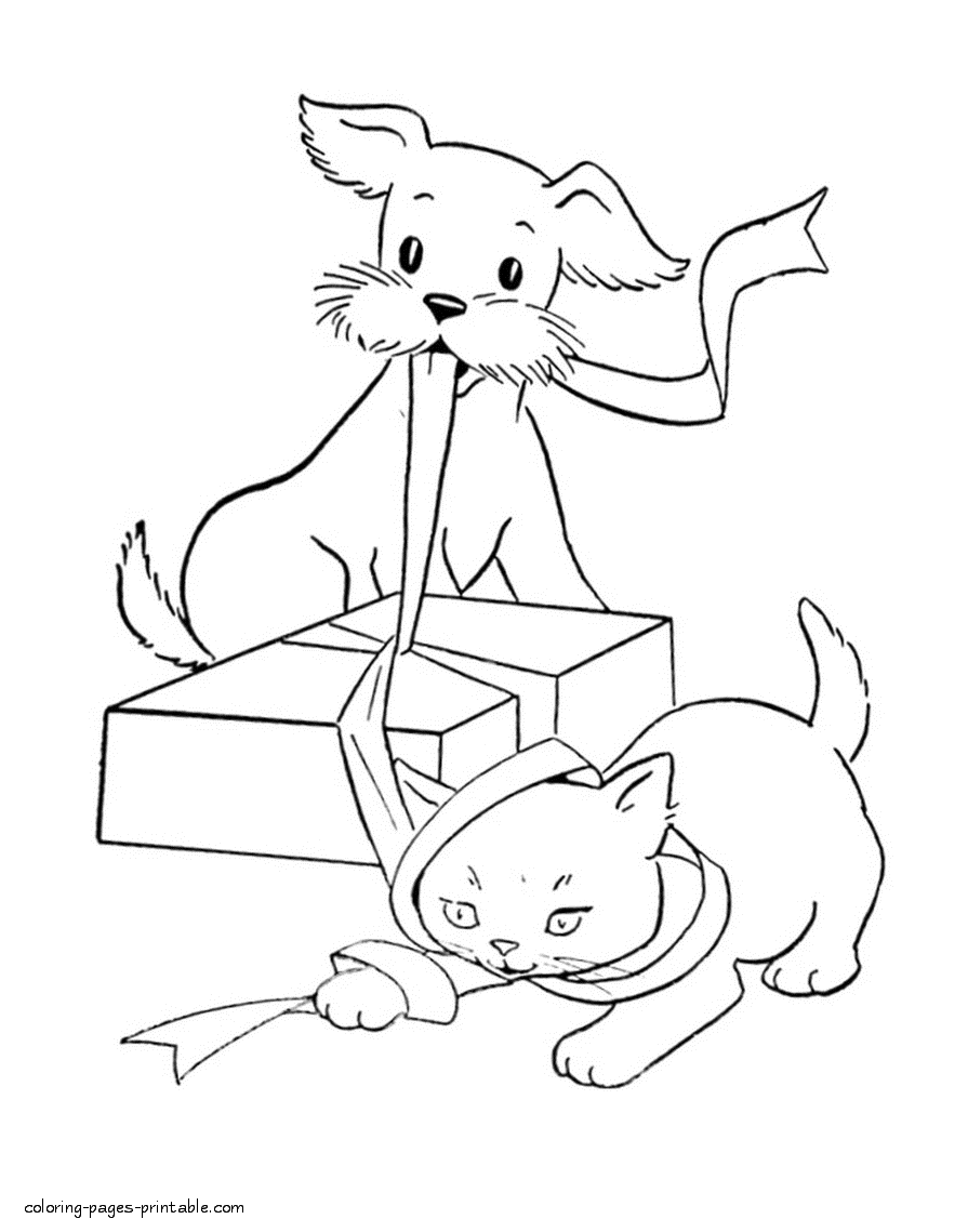 Dog and cat unpack gifts. Free coloring pages
