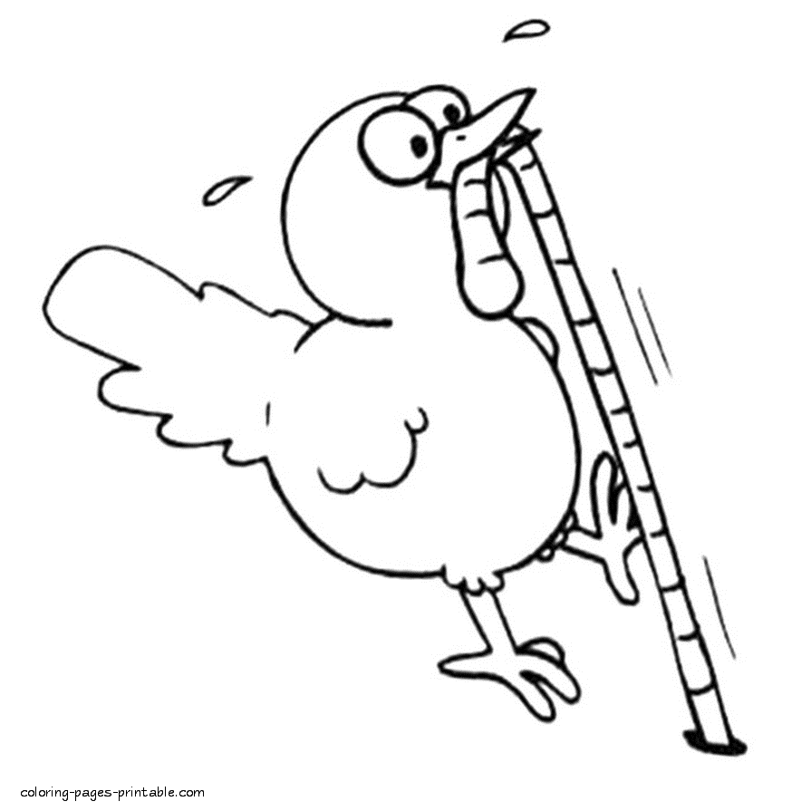 A chicken is eating the worm coloring page