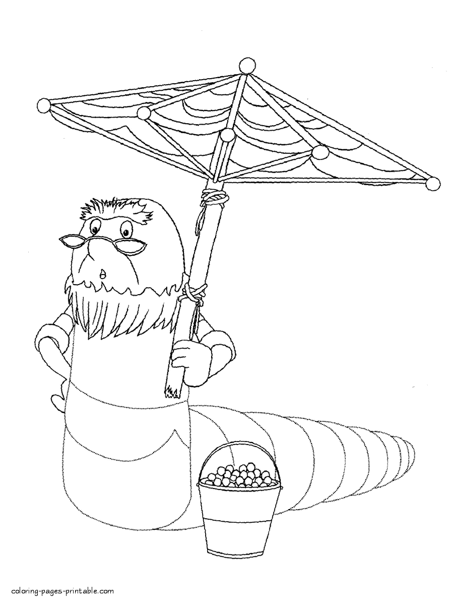 Worm with umbrella kid's coloring page