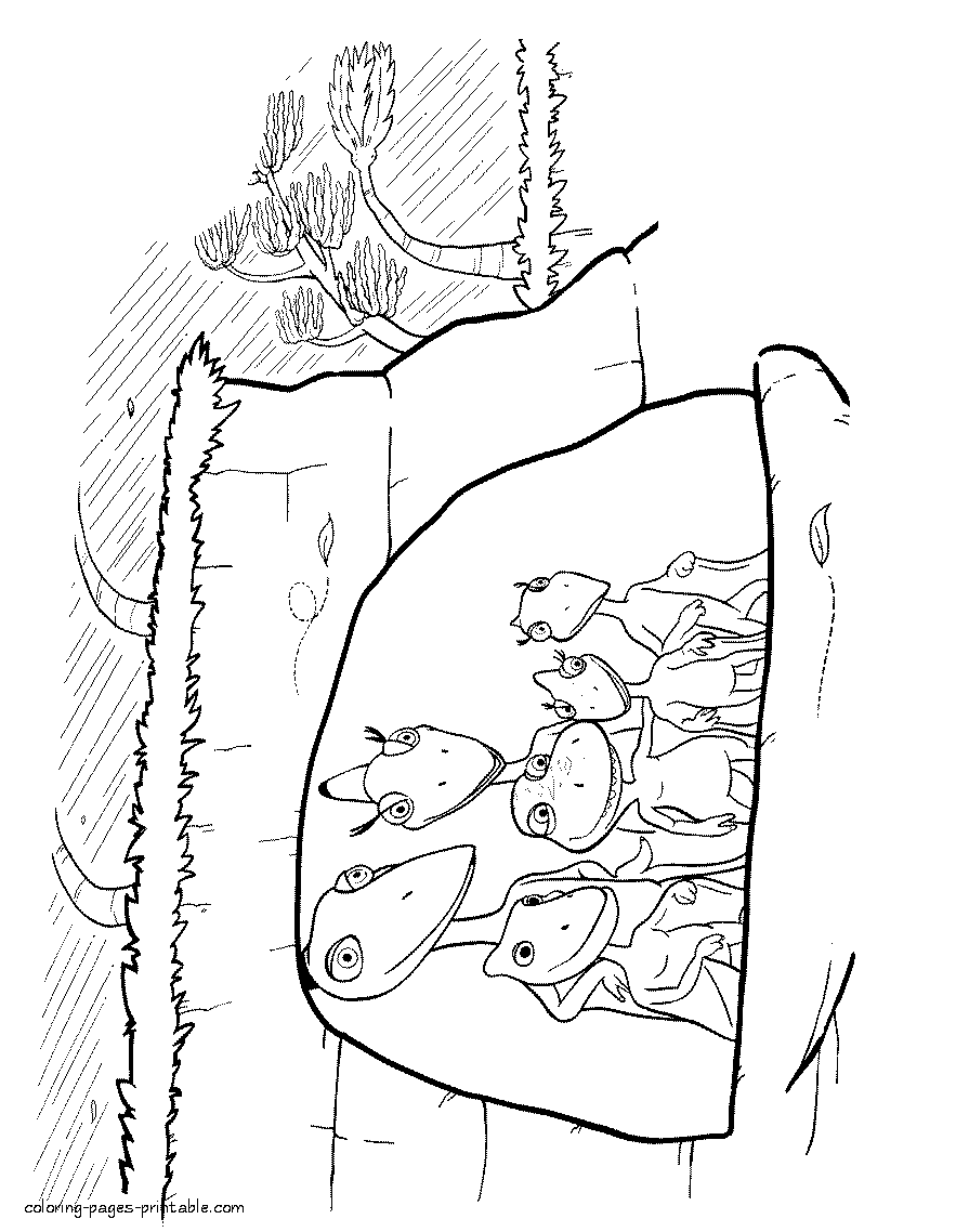 Coloring page. Dinosaur family are hiding in the cave