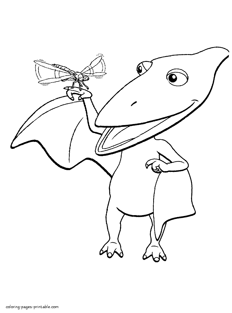 Dinosaur and dragonfly - coloring page from animated series