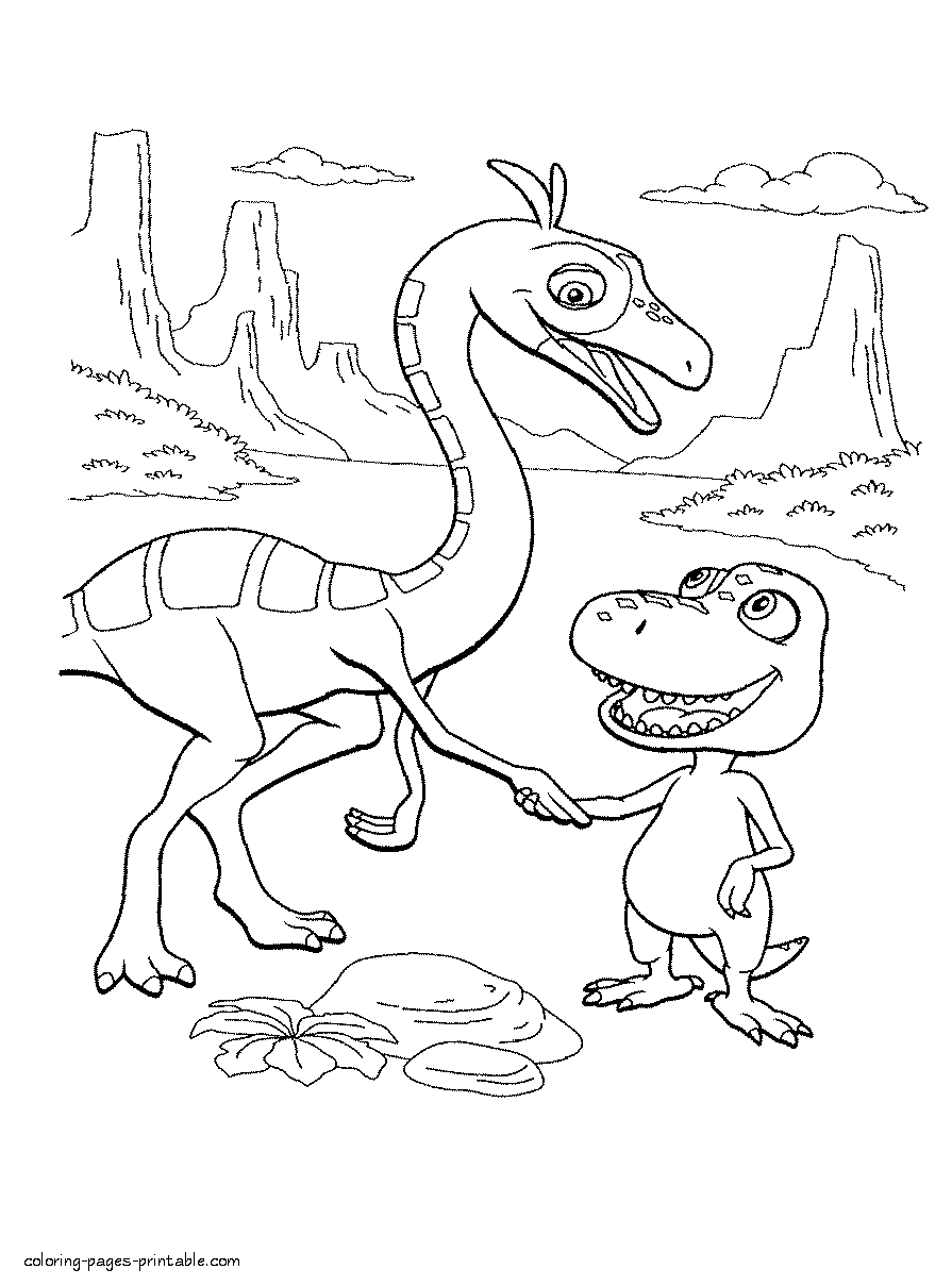 Buddy meet the dinosaur. Coloring page