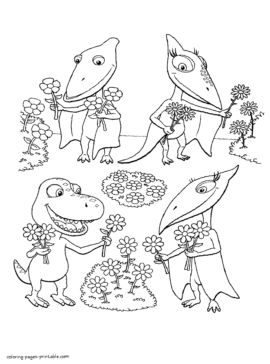 Dinosaurs with the flowers coloring sheet
