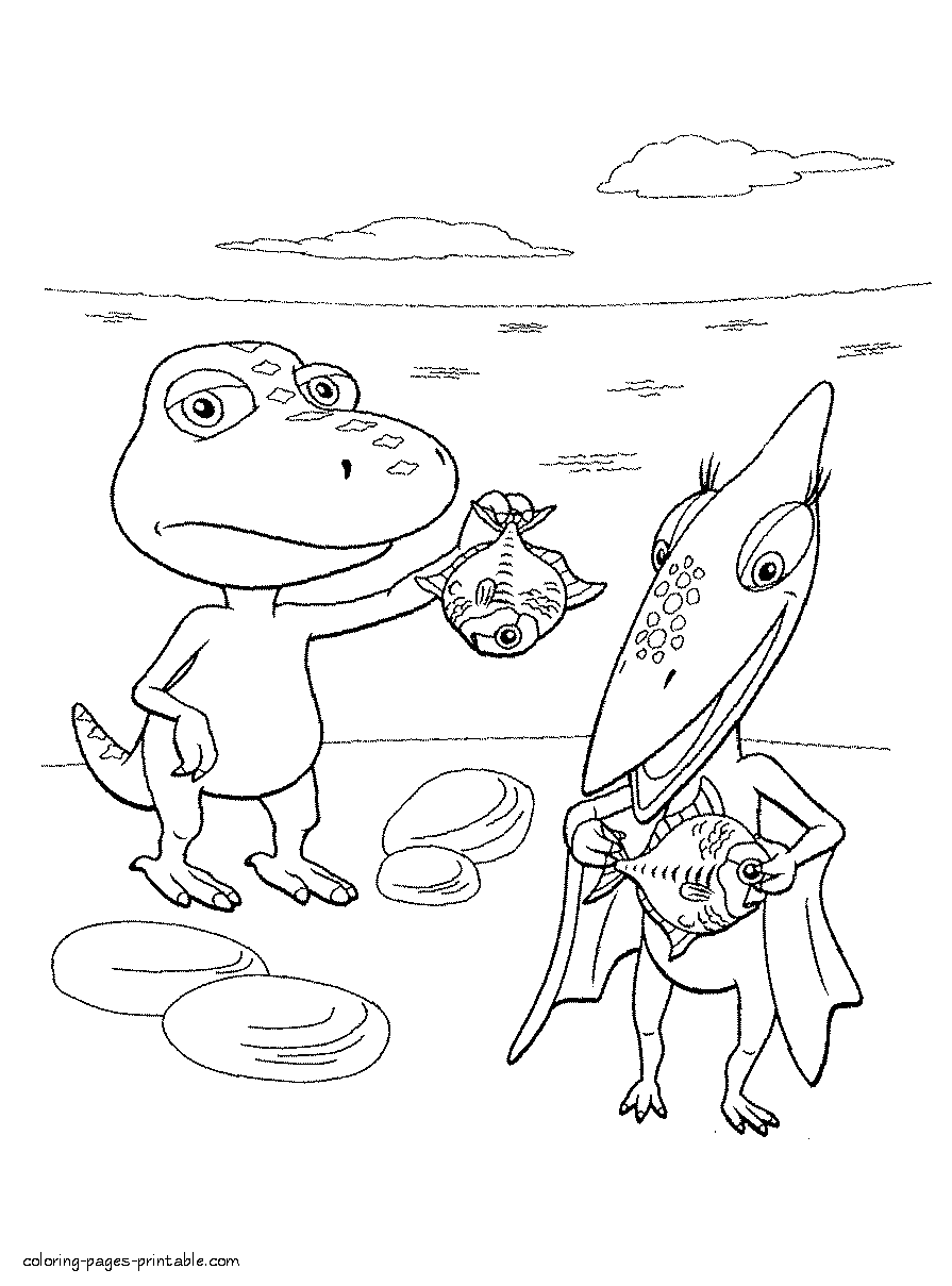 Printable Dinosaur's fishing coloring pages