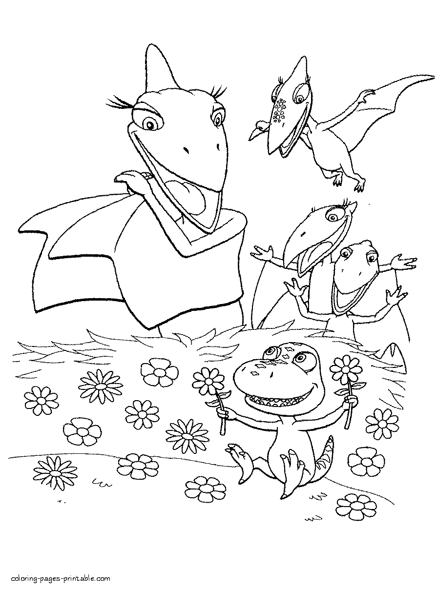 Dinosaur on the flower meadow coloring page