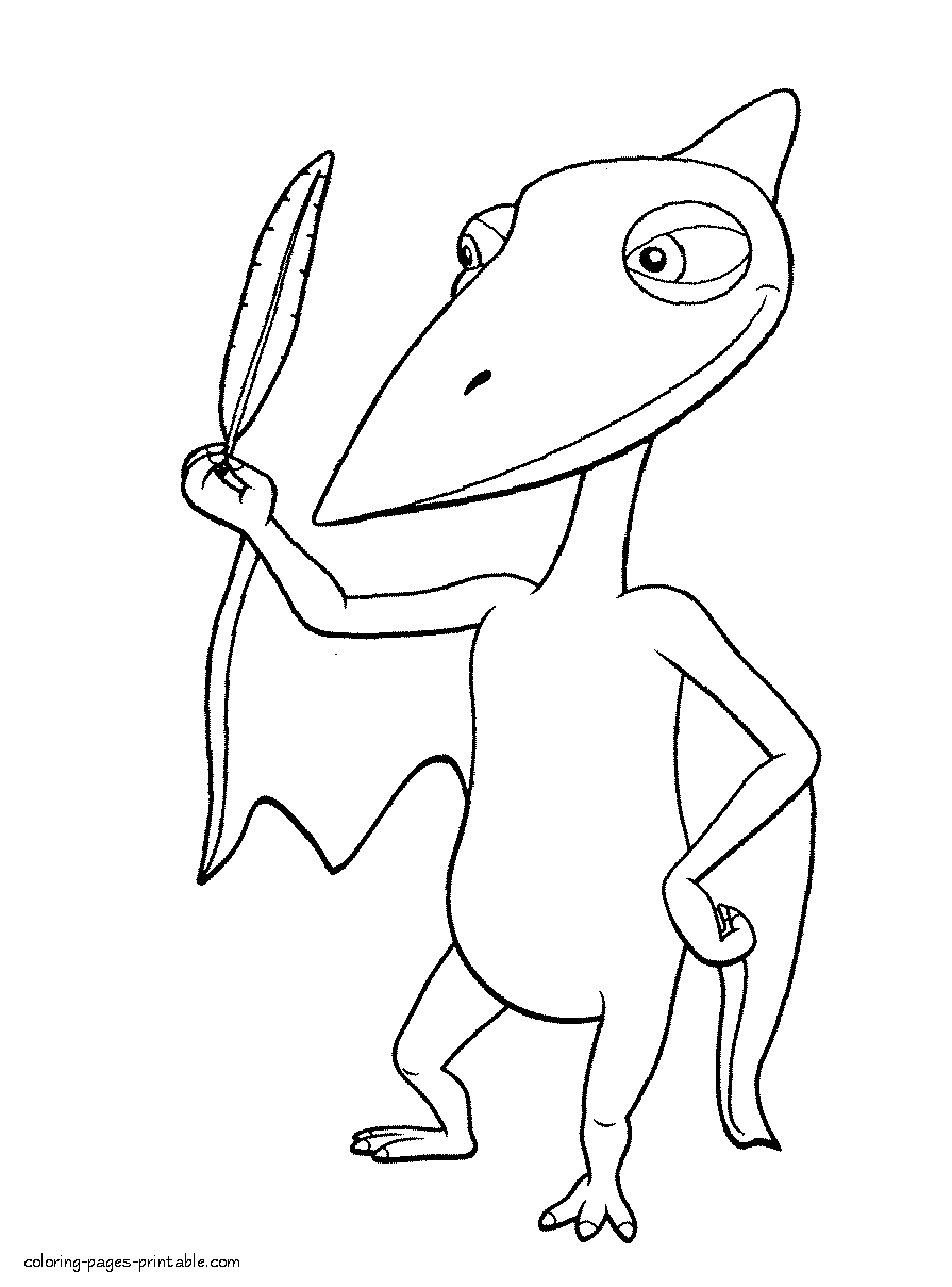 Coloring page of dinosaur with the bird feather in her hand