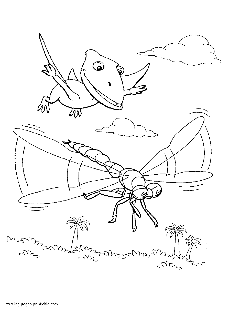 Pteranodon and dragonfly coloring page