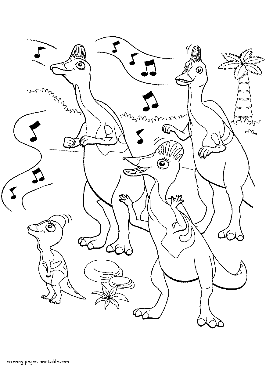 Dinosaurs are sing. Coloring page