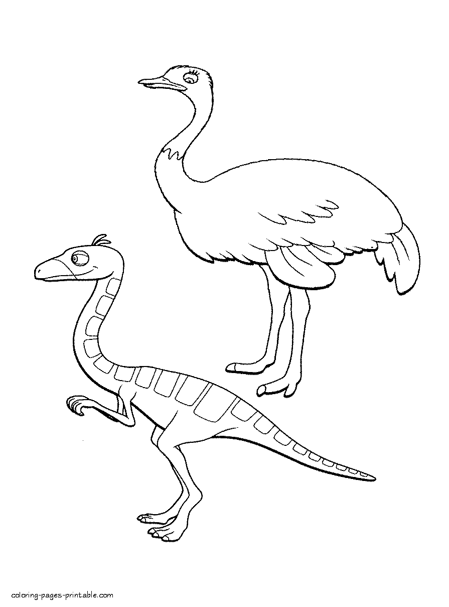 Dinosaur and ostrich coloring page to print