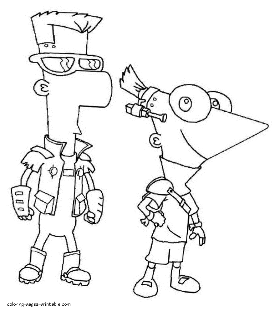 Coloring pages with Ferb and Phineas. Downloadable