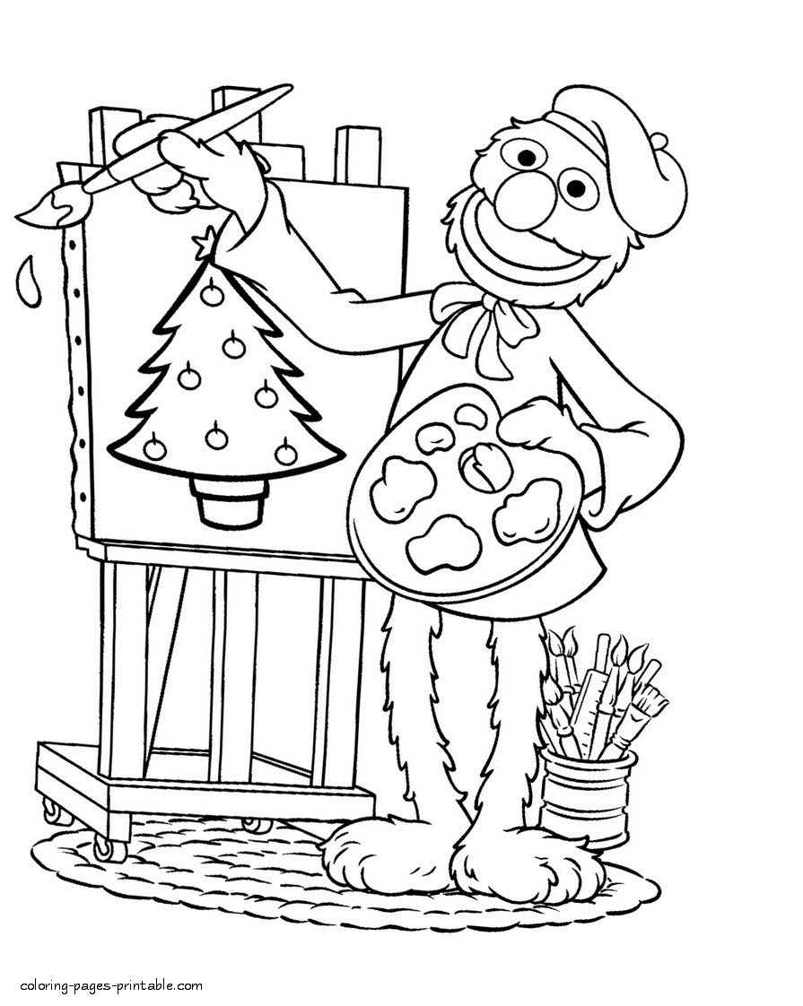 Grover painting a Christmas tree Colouring pages of Sesame Street