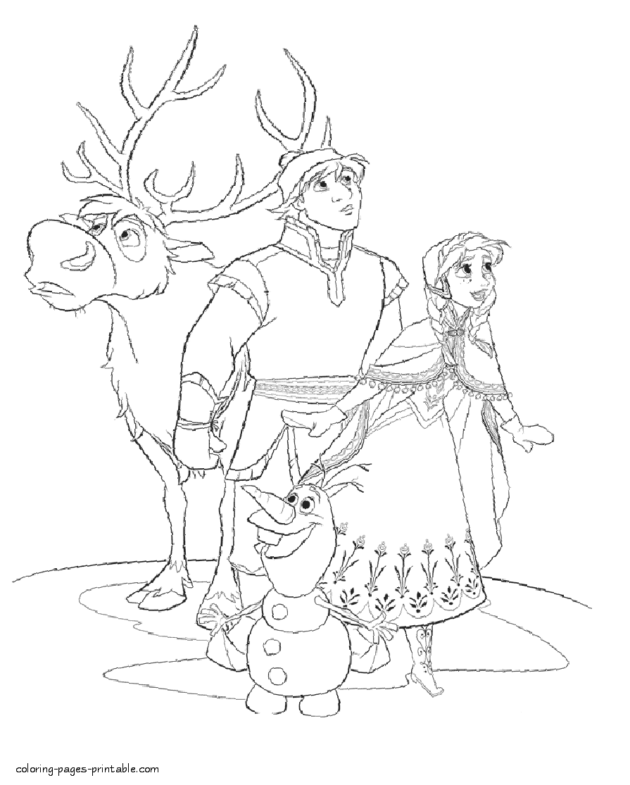 Frozen printable coloring pages. Anna, Kristoff, Sven and Olaf