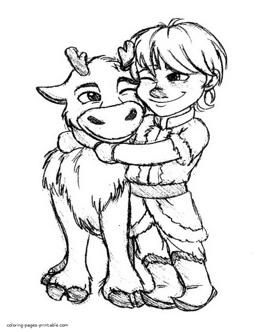 Frozen coloring book pages. Little Kristoff and Sven
