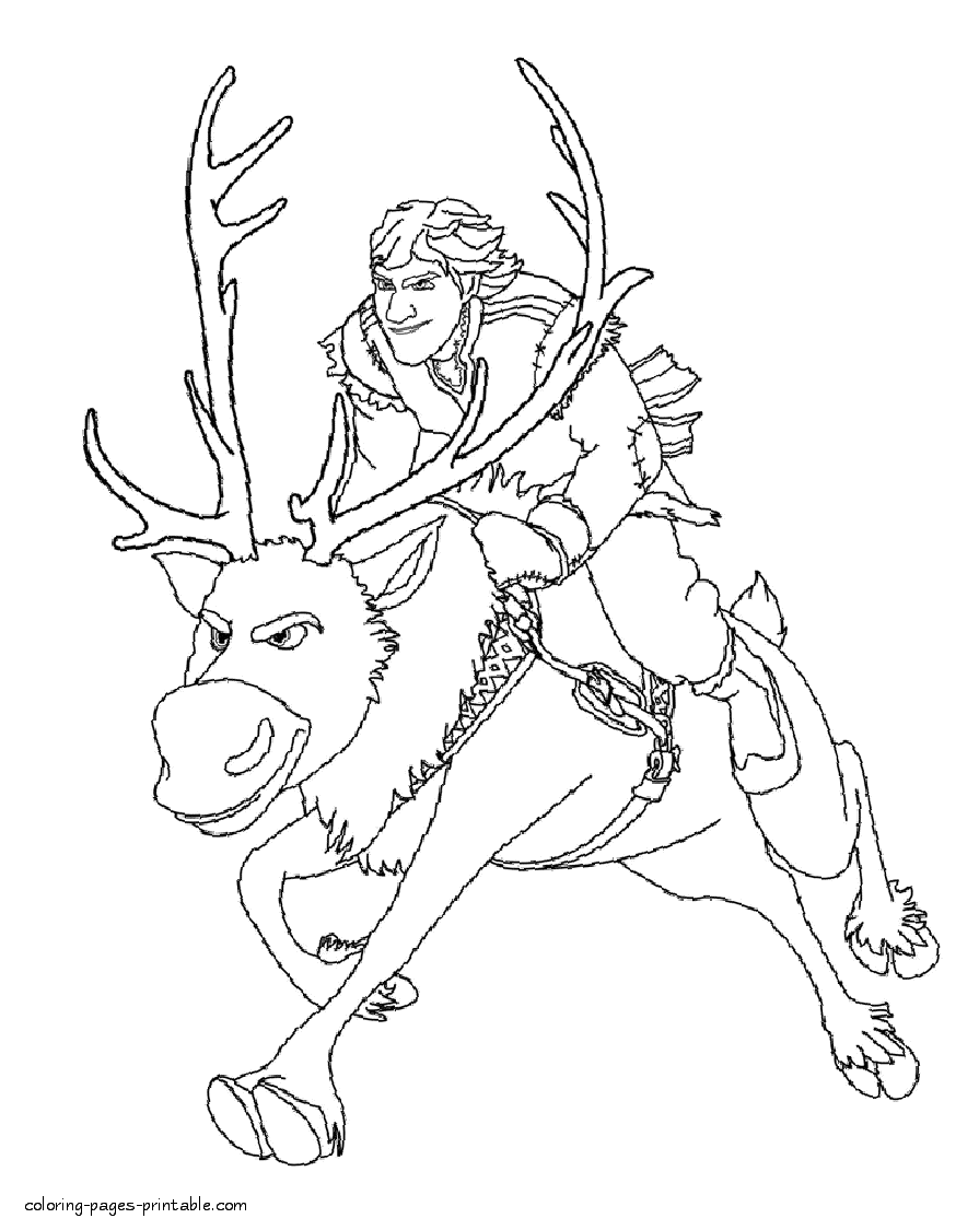 Coloring page Frozen. Kristoff ride a reindeer