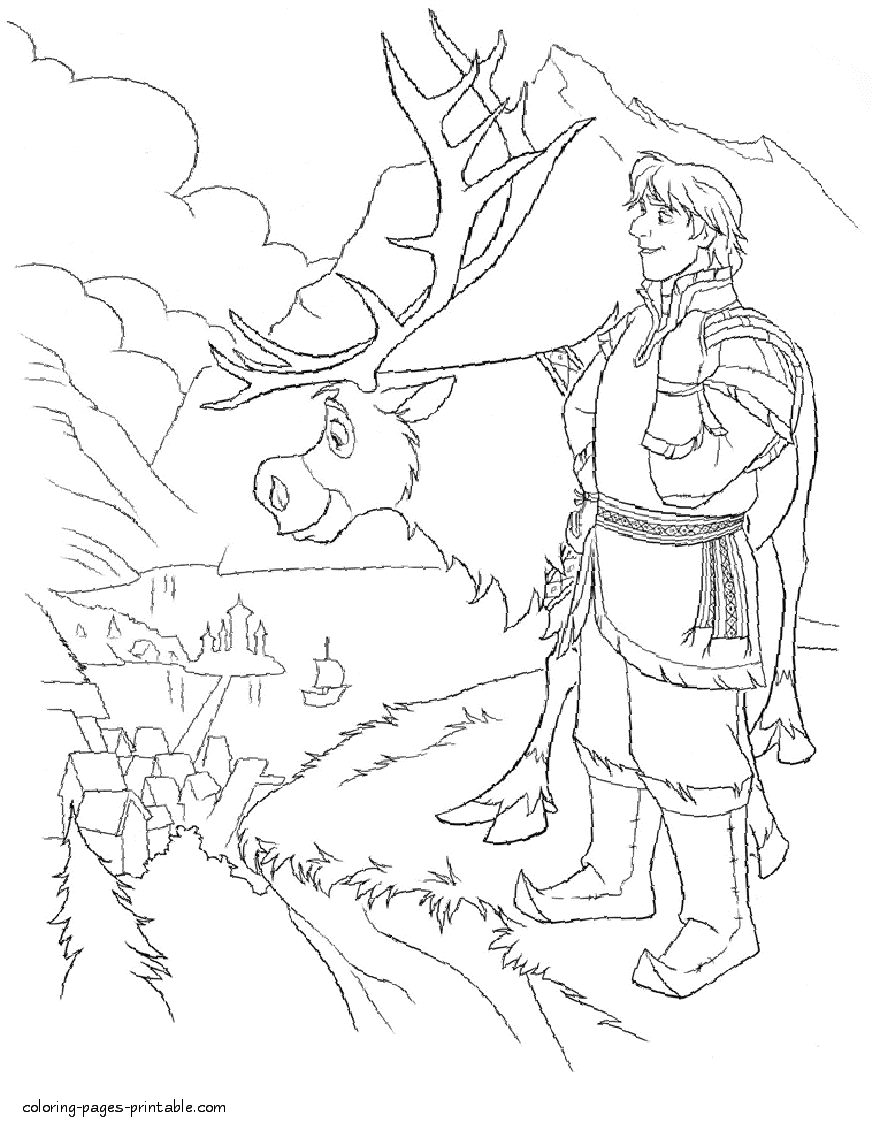 Kristoff with Sven. Frozen coloring pages print out
