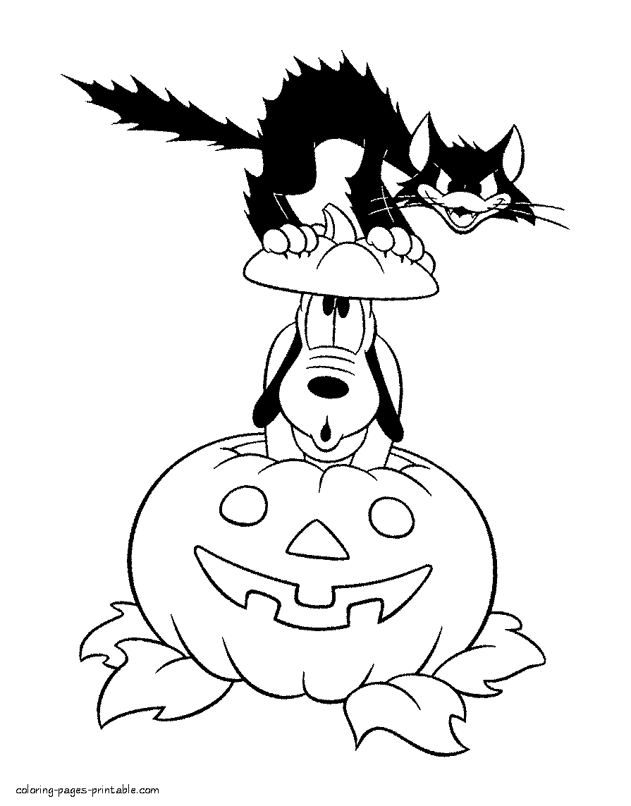Printable Disney Halloween coloring pages with Pluto and black cat