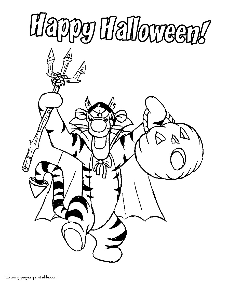 Disney Halloween coloring pages. Tigger with pumpkin