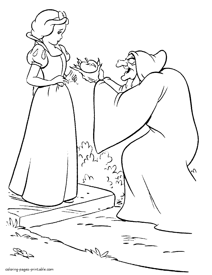 Old hag and Snow White. Disney printable coloring pages
