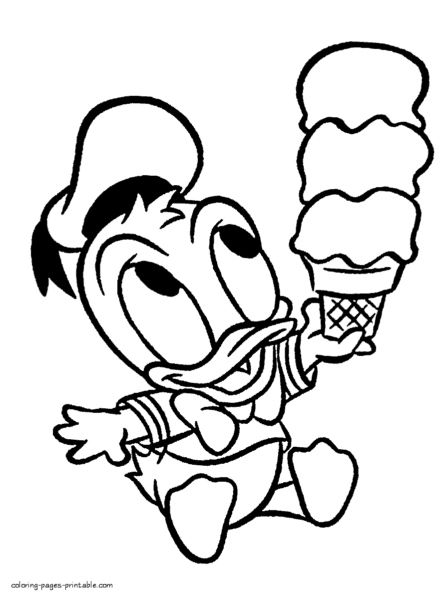 Donald Duck with ice cream. Kid's coloring page
