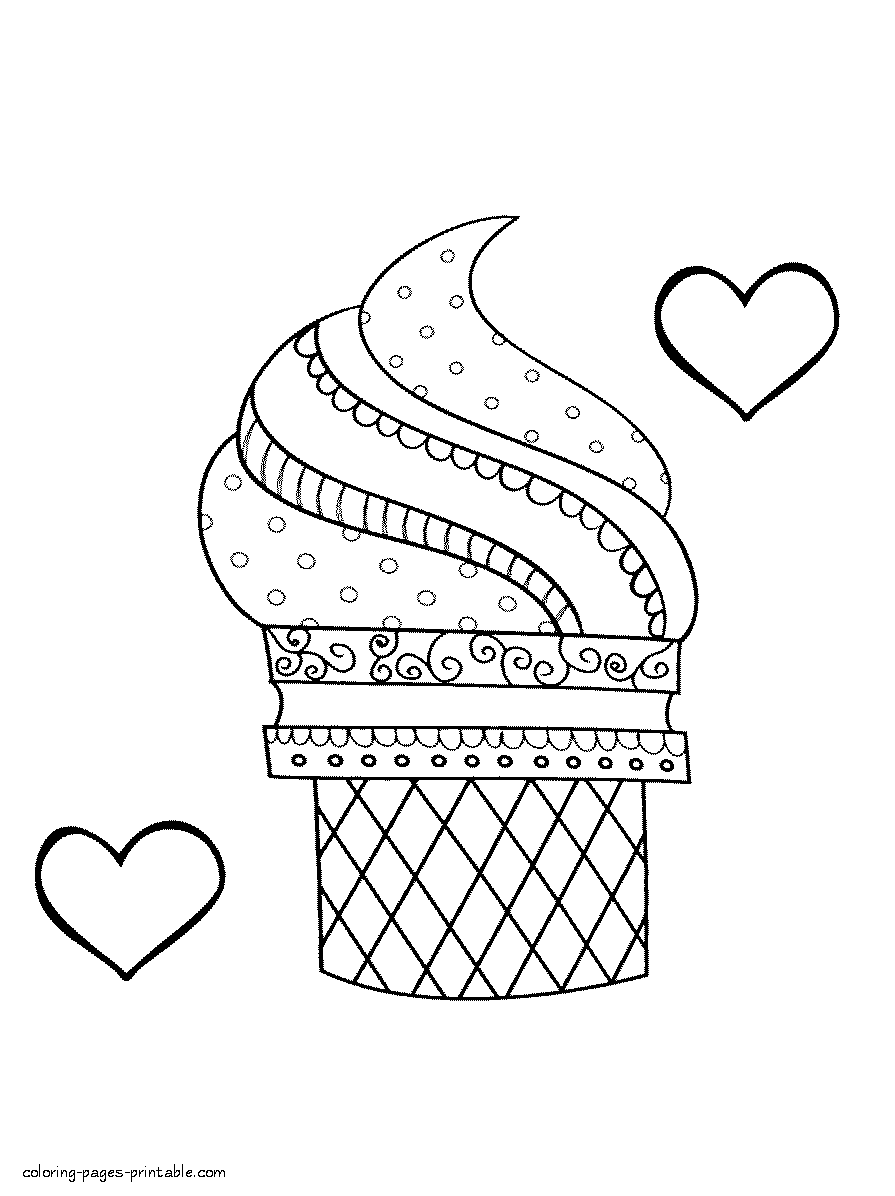 Ice cream and hearts. Printable kid's coloring page