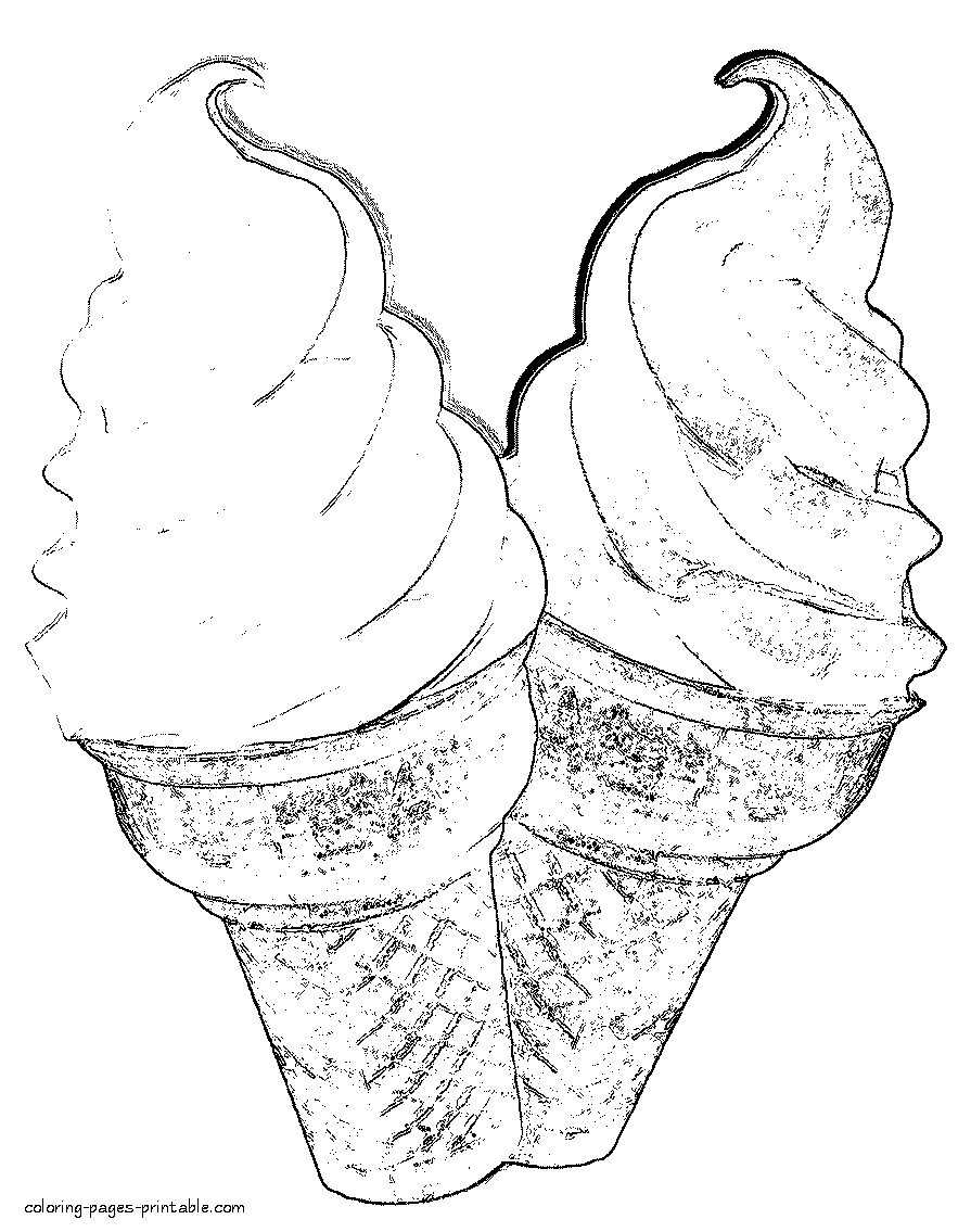 Two ice cream cones. Coloring pages of food