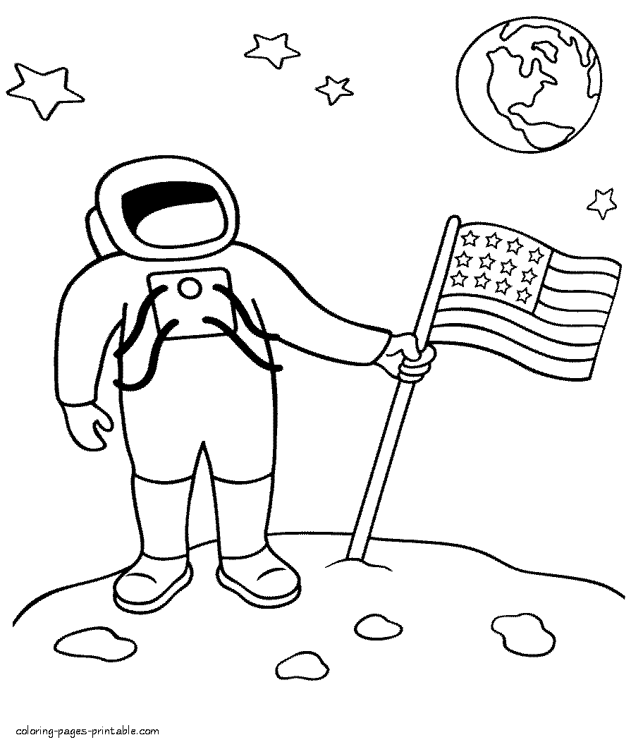 Astronaut with American flag on the Moon coloring page