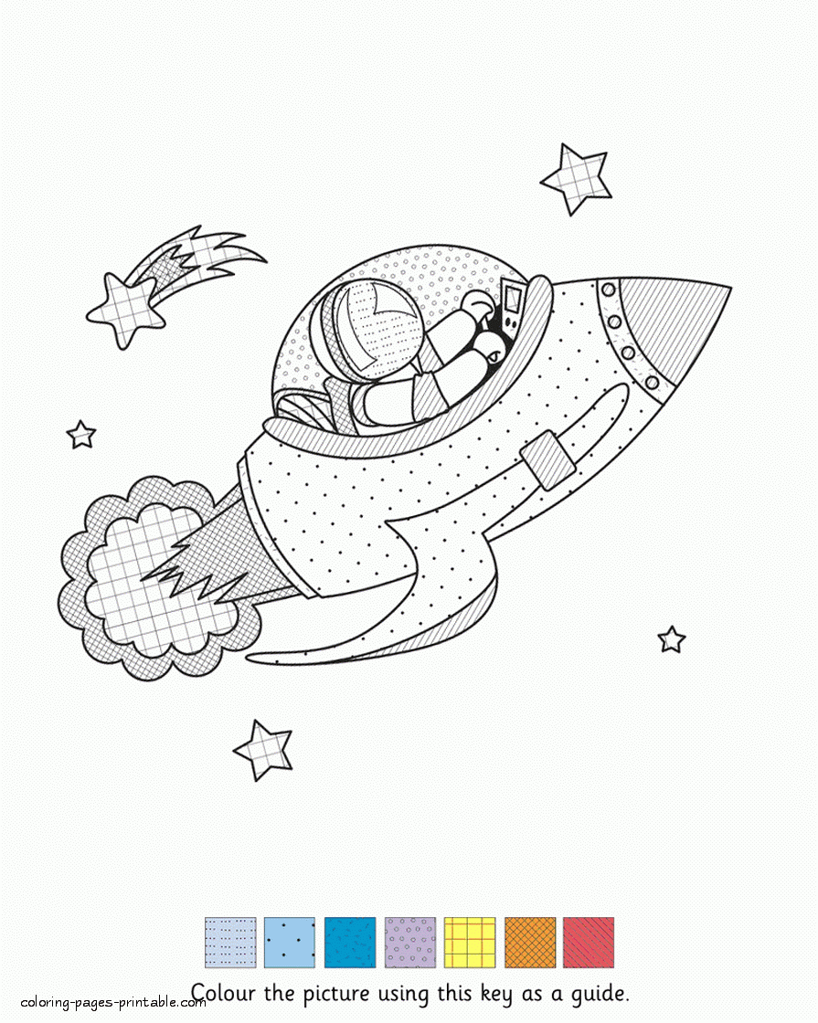 Coloring page by pattern. Printable space rocket