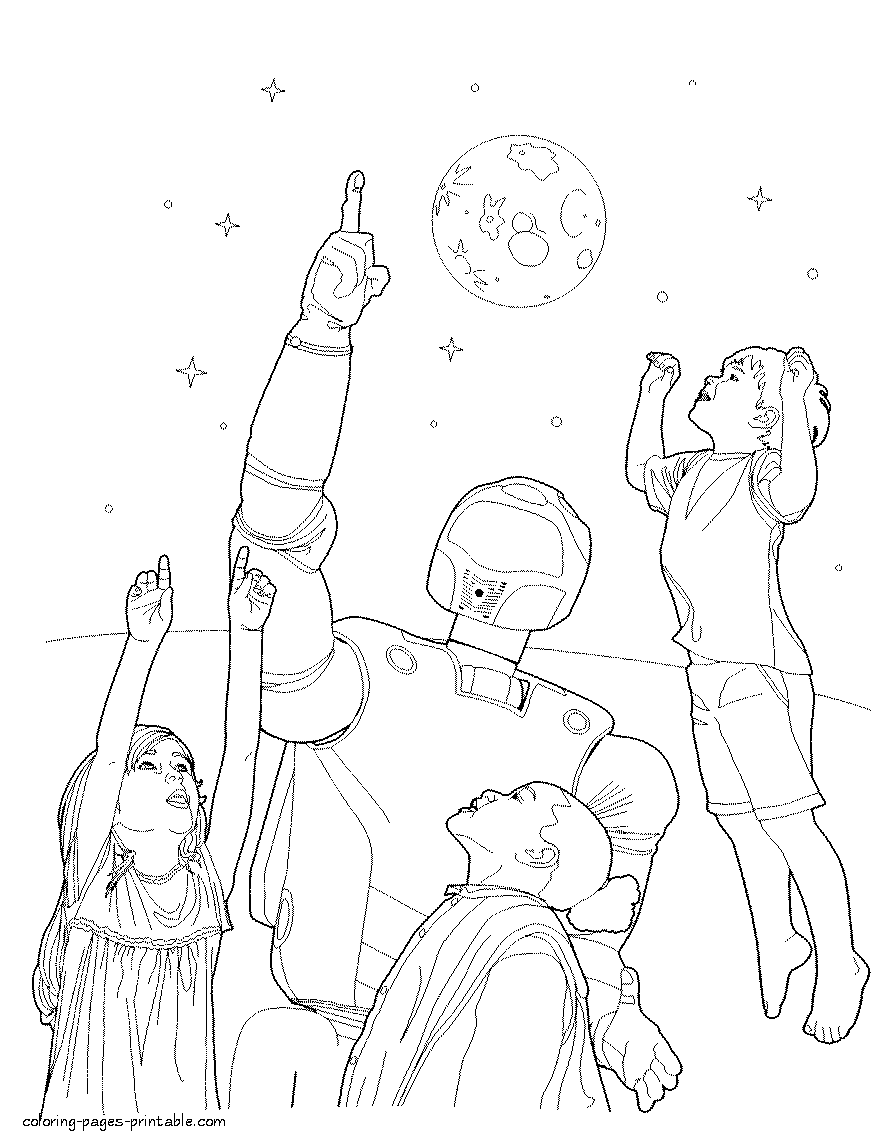 Children and space robot coloring page