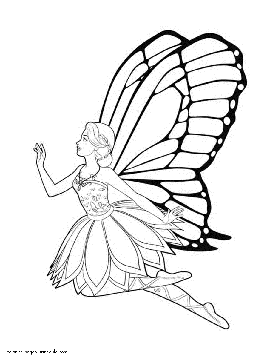 Coloring printable pages Barbie Mariposa and The Fairy Princess