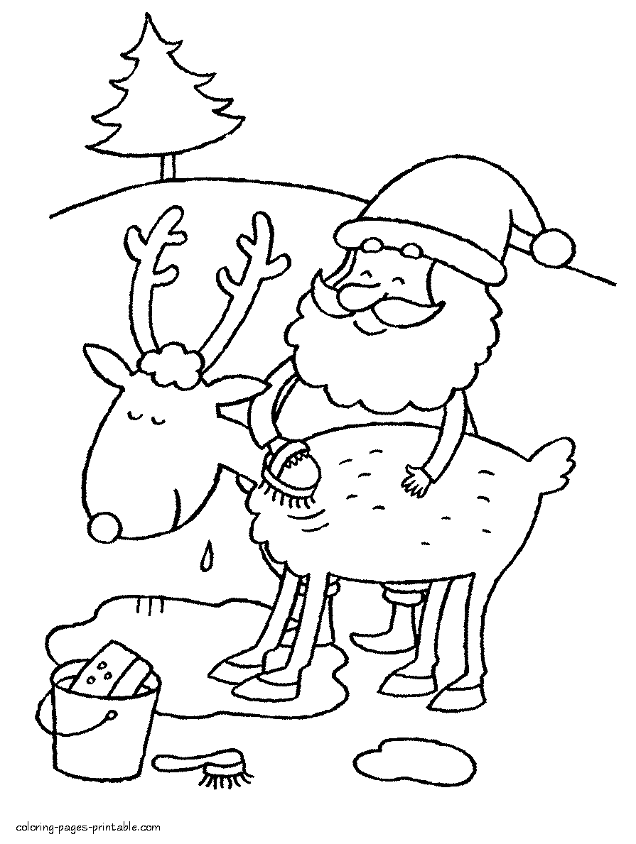 Coloring pages for Christmas. Santa washing his reindeer