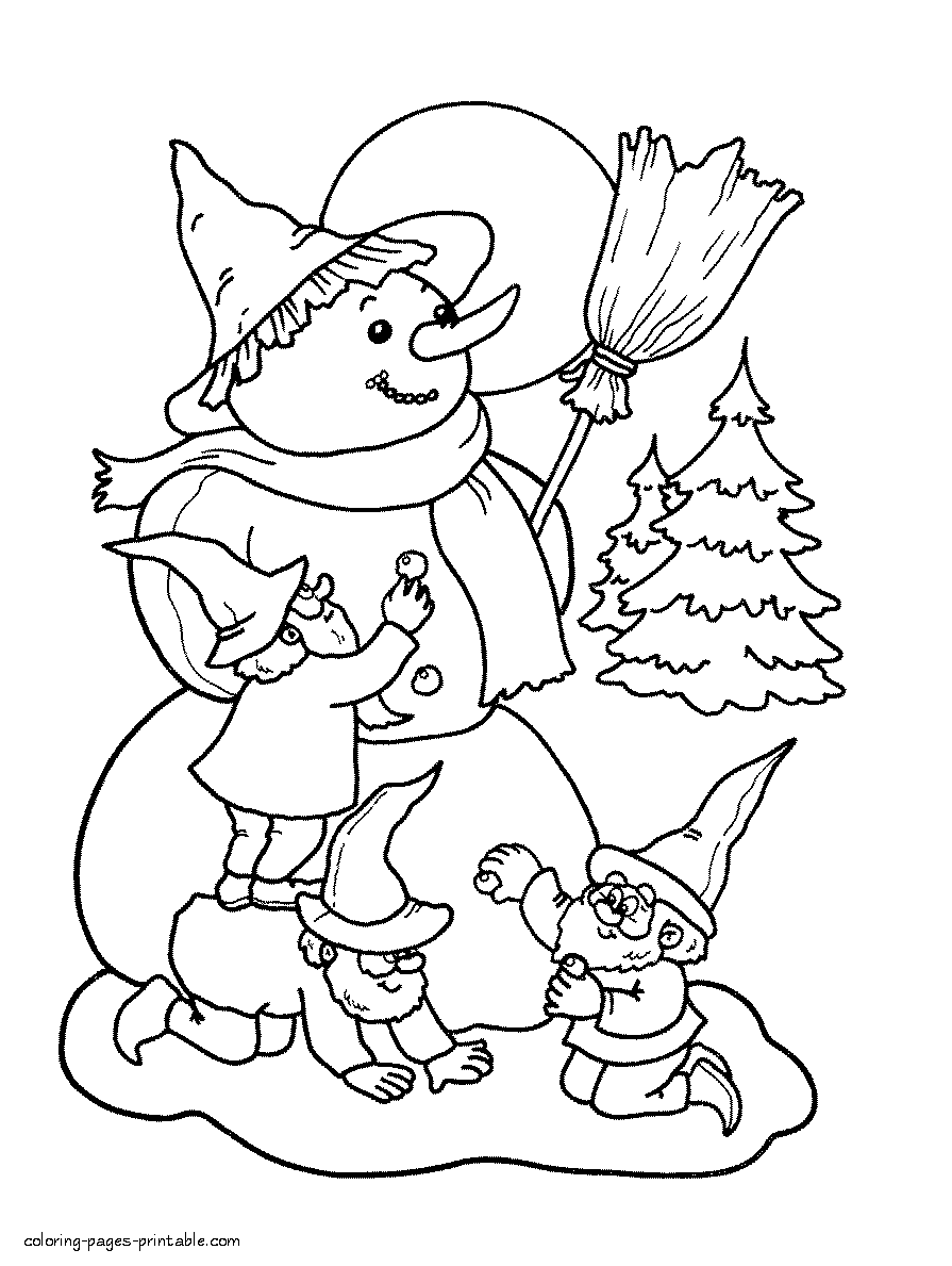 Snowman and elves. Christmas coloring pages for free