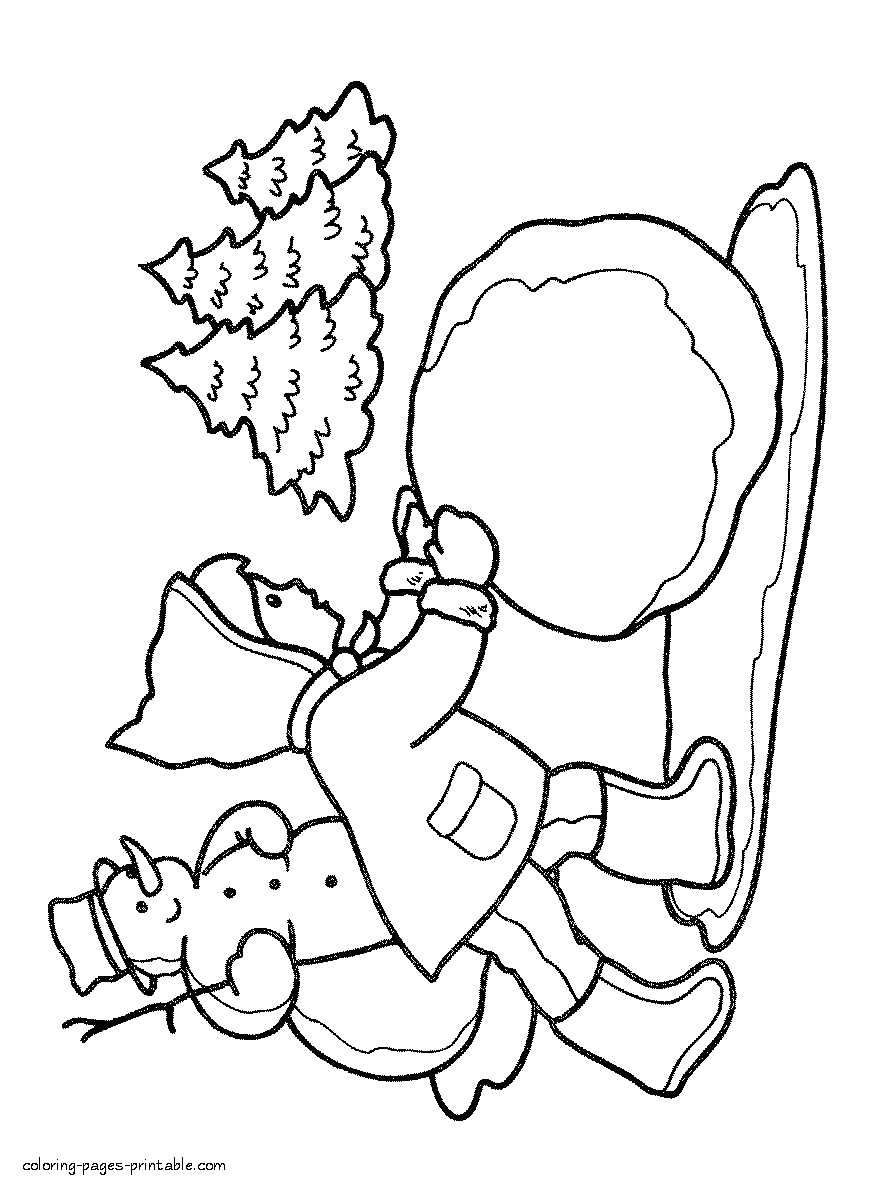 Snowman making. Coloring pages about winter