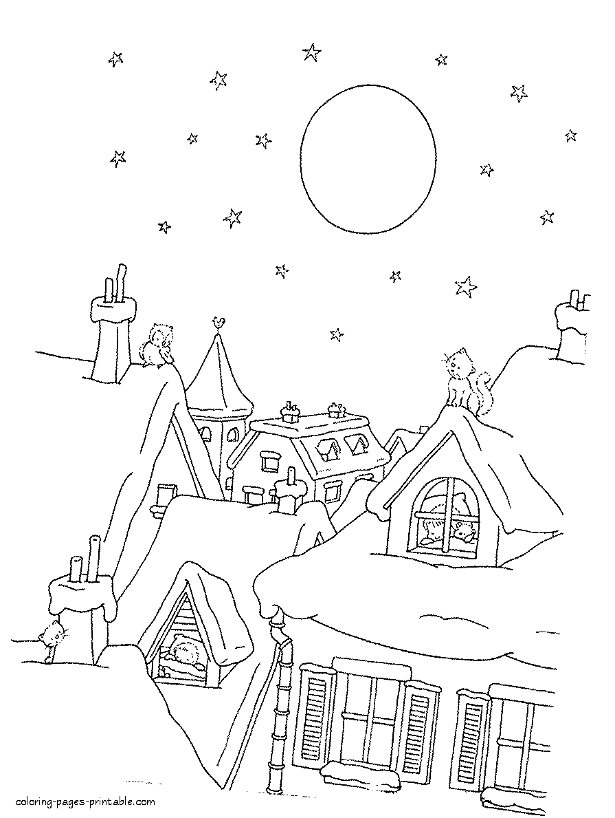 Night before Christmas coloring pages. Moon and stars