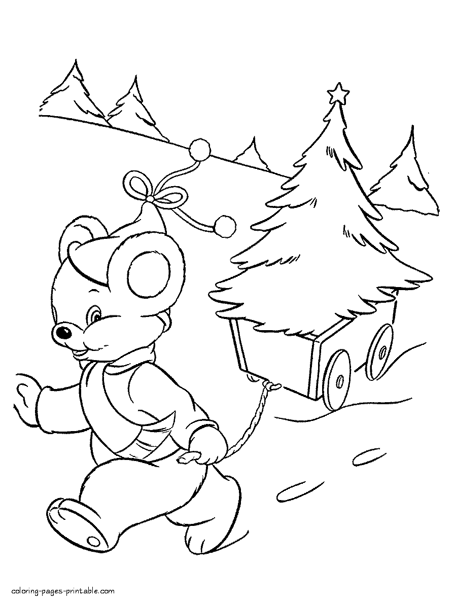 Printable Christmas coloring pages for kids. Teddy bear