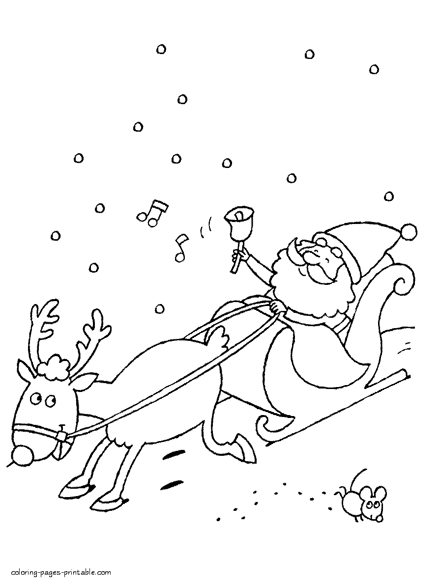 Сhristmas free printable coloring pages. Santa on a reindeer