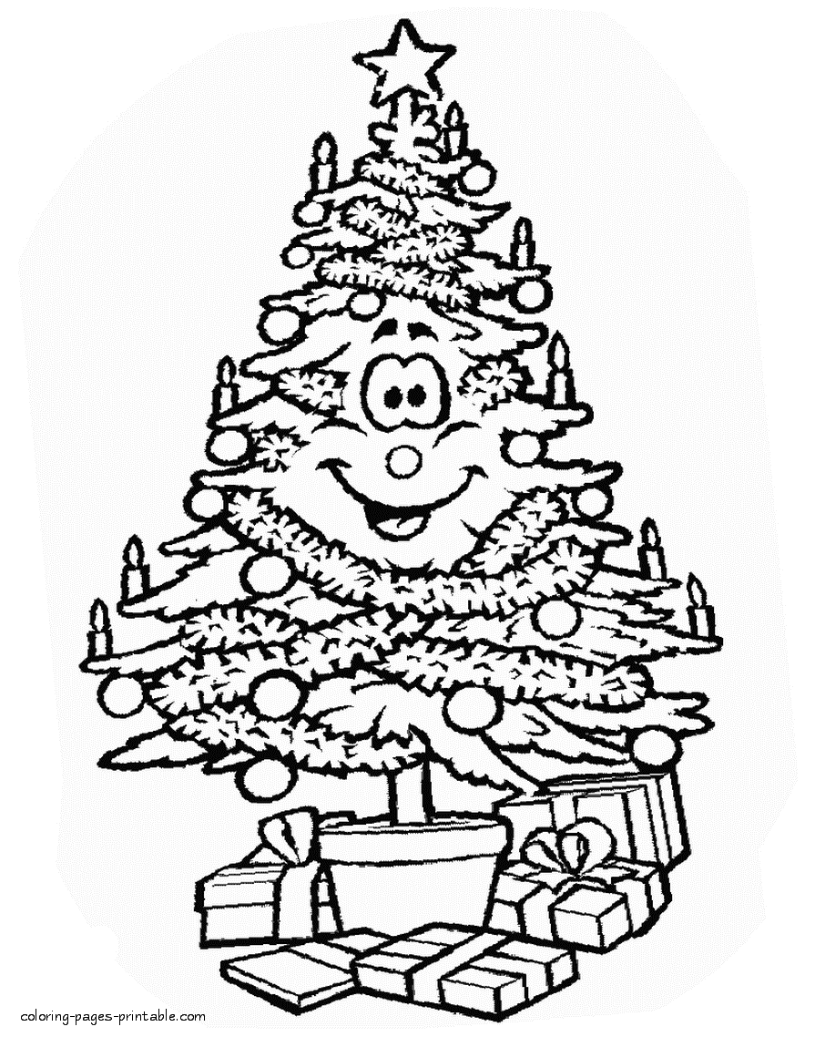 Smiling Christmas tree coloring pages for kids