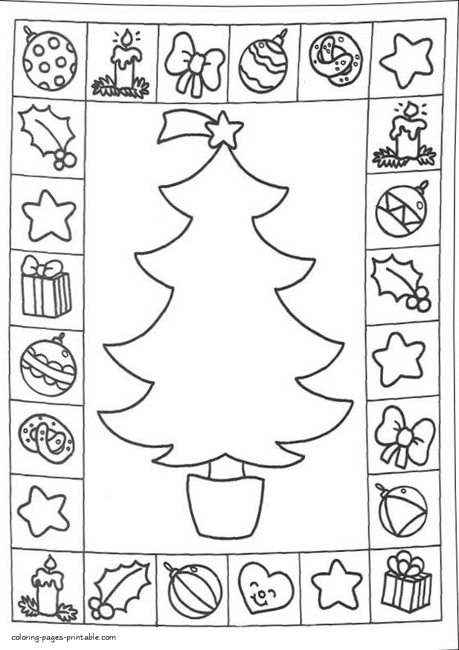 Christmas tree and ornaments coloring pages for free downloading