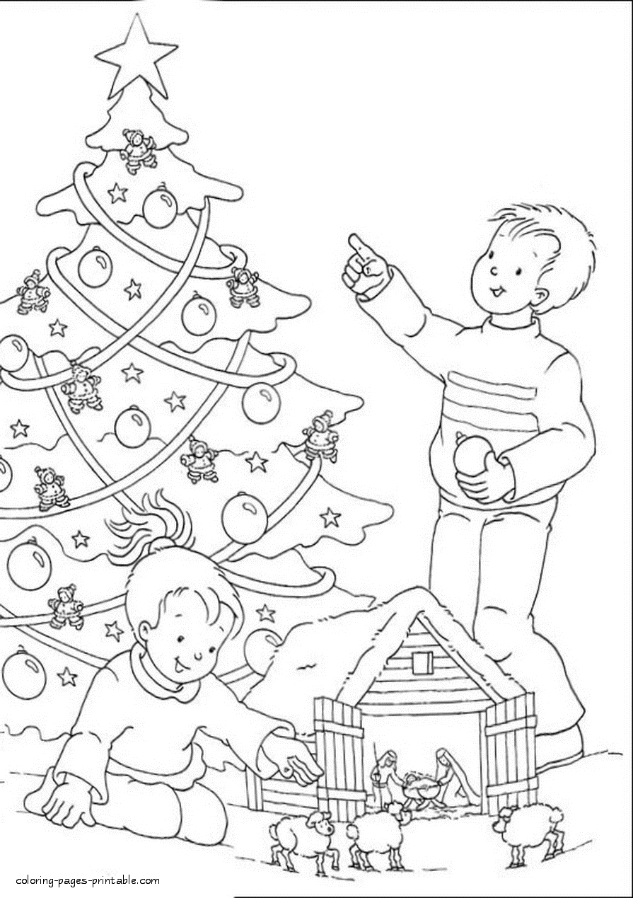 Christmas tree coloring pages. Children decorate the tree