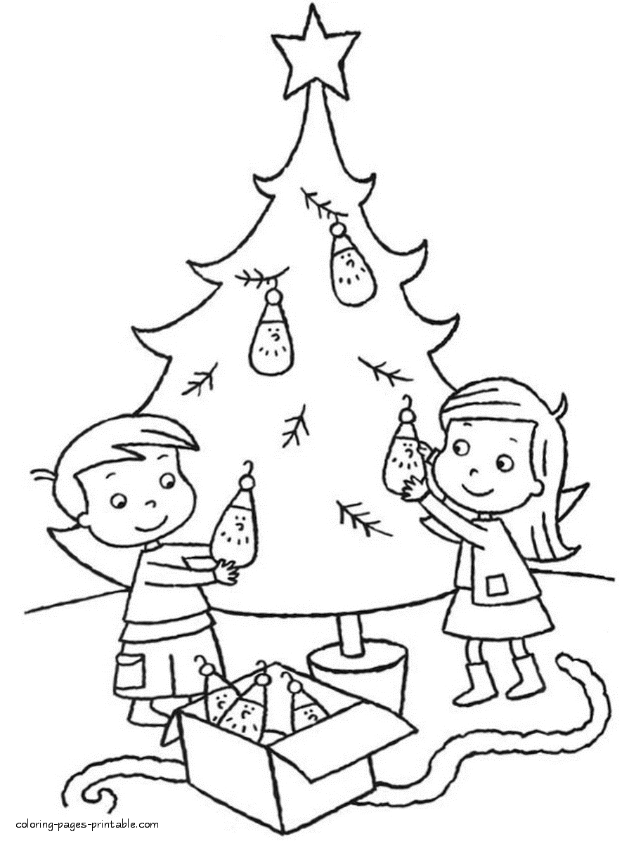Holidays coloring pages. Christmas tree decorating