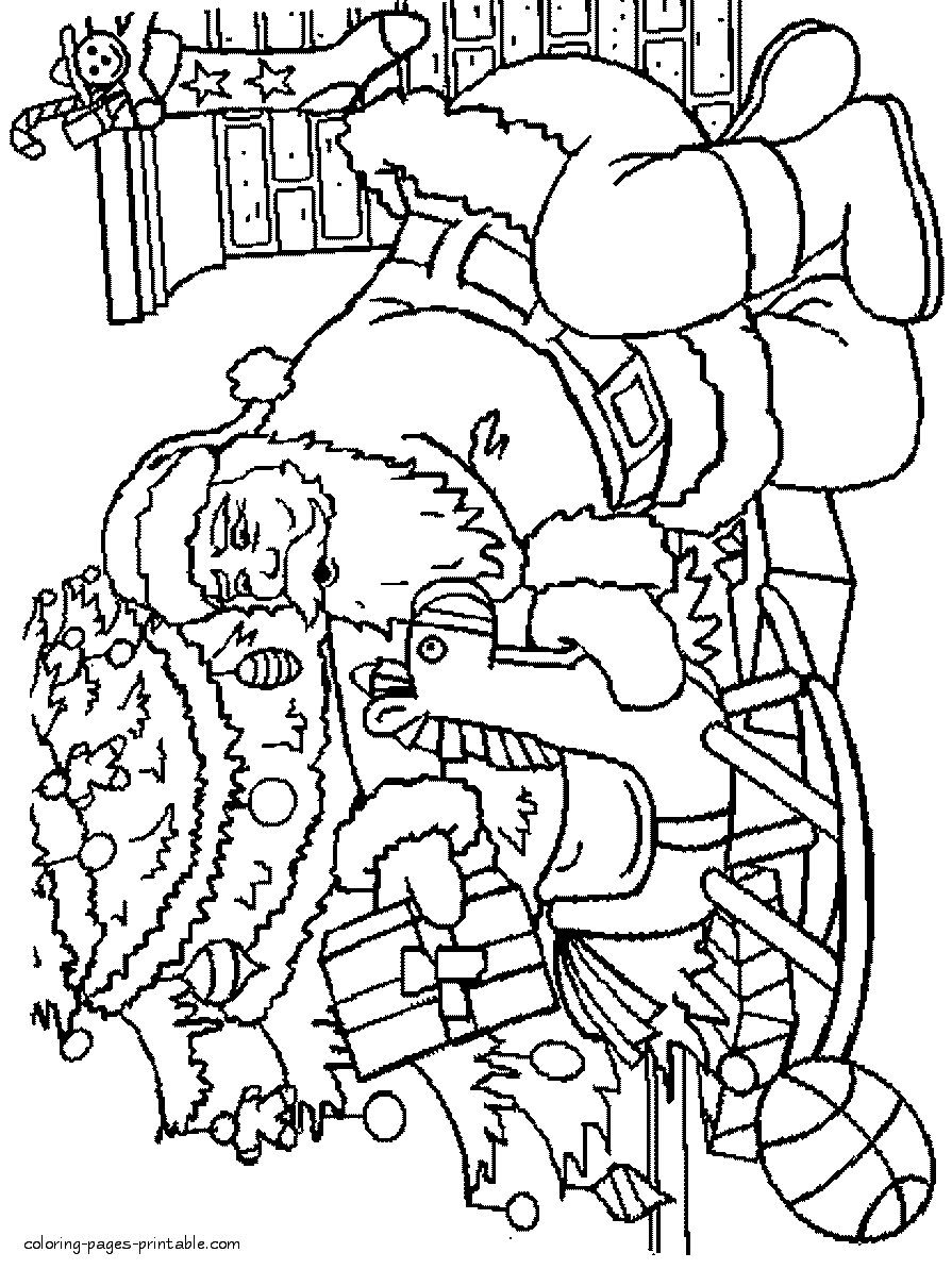Santa brought presents. Coloring pages about Christmas tree