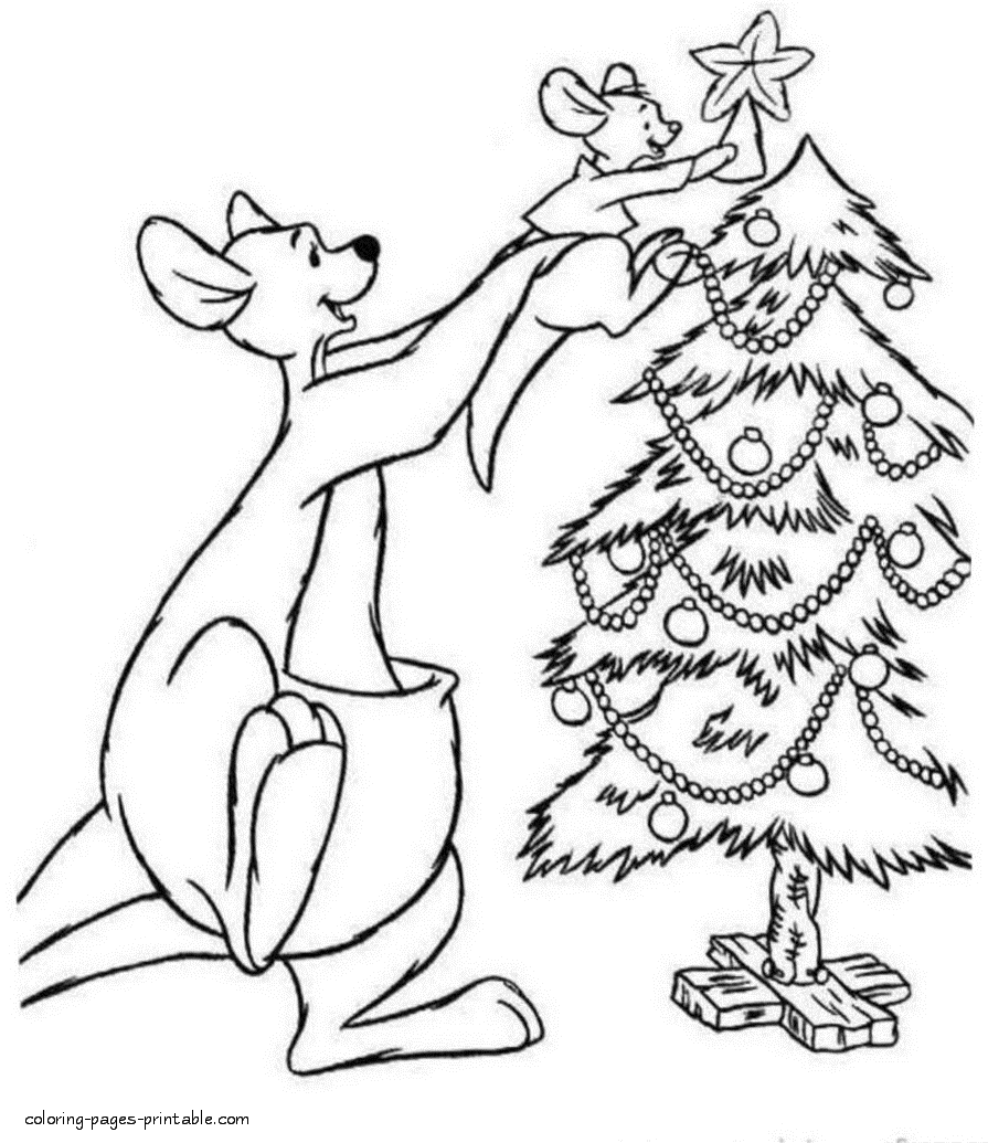 Disney characters coloring pages. Christmas tree and kangaroo
