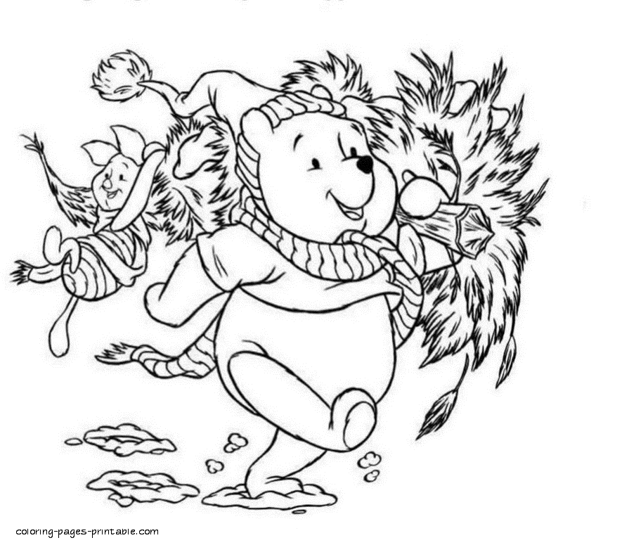 Disney Christmas coloring page. Pooh. Christmas tree delivery