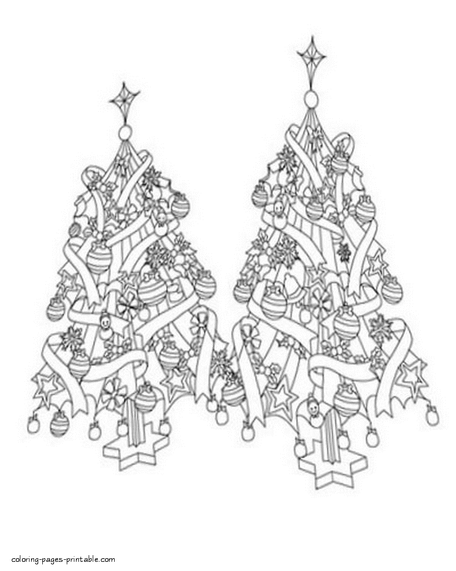 Two decorated Christmas trees. Coloring page