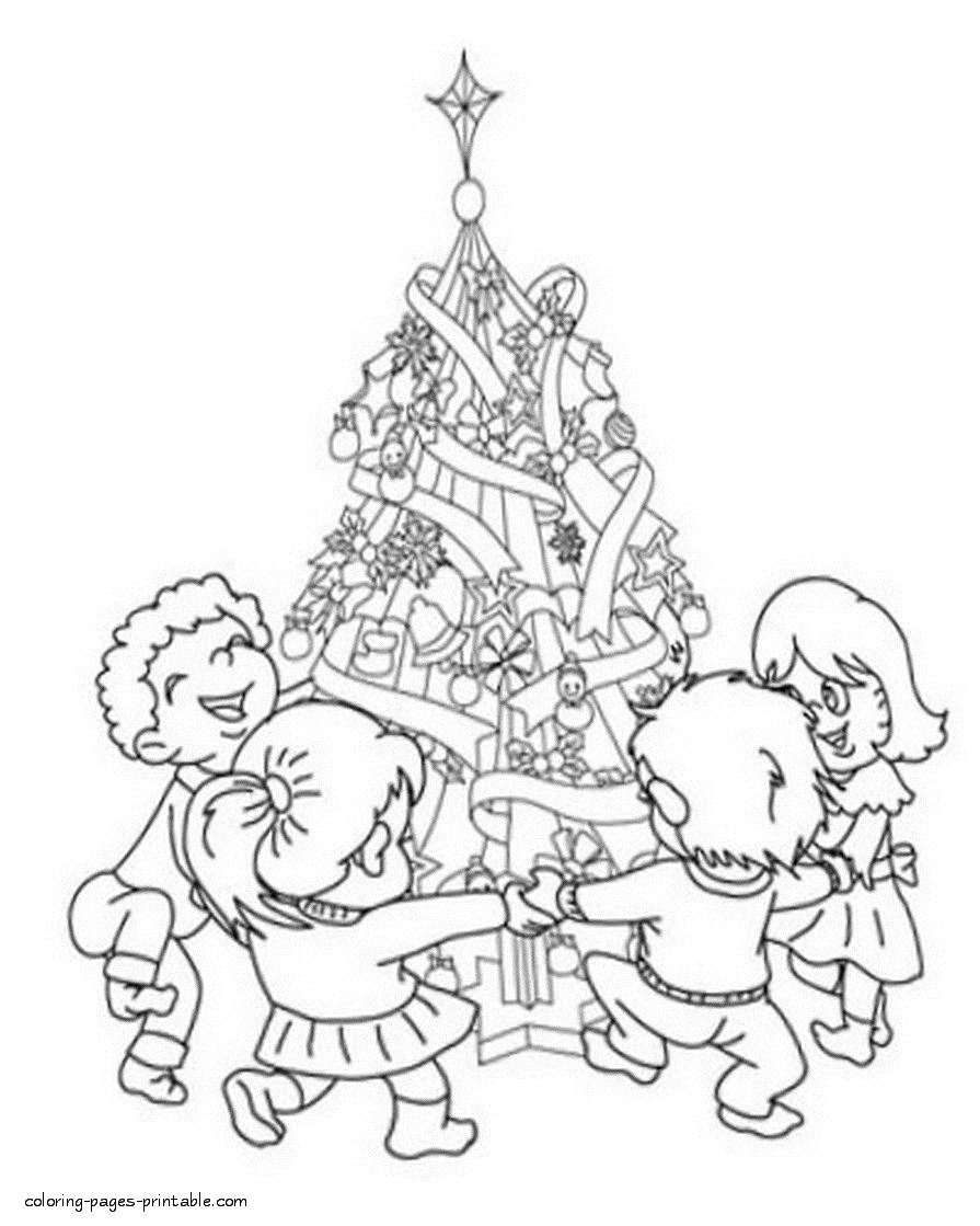Children near Christmas tree - coloring page to print
